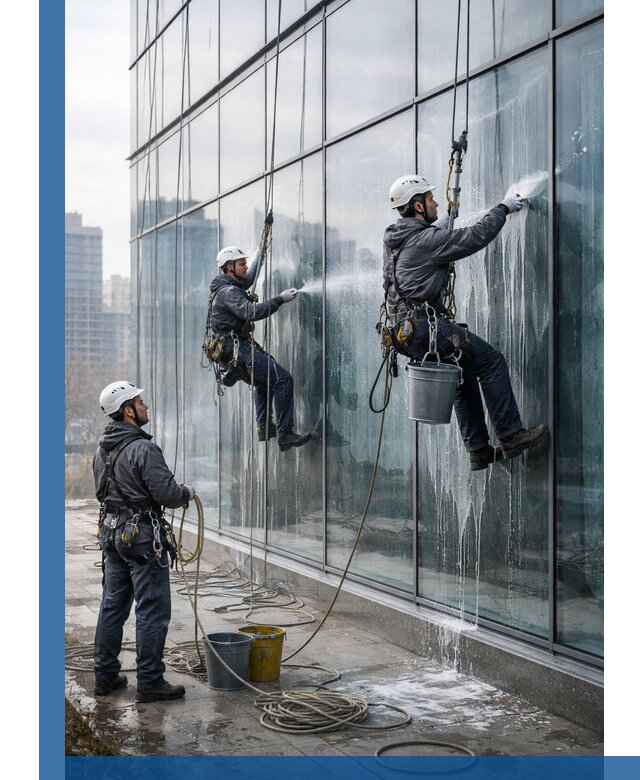 Промышленная мойка панорамных окон на высоте в Октябрьском