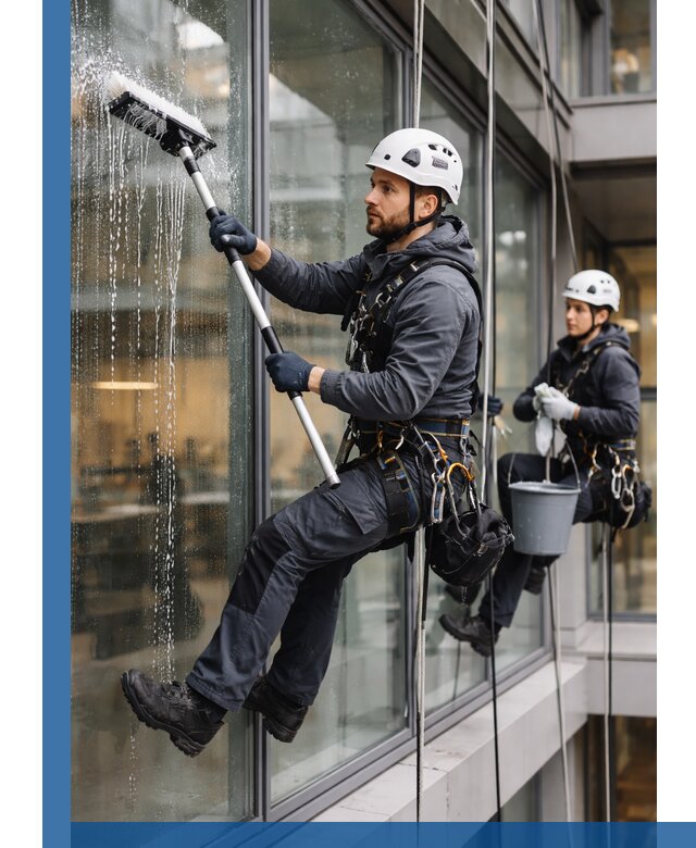 Профессиональная мойка витражей промышленными альпинистами в Октябрьском