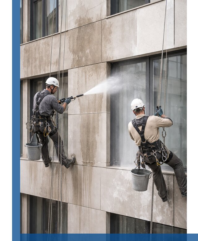 Послестроительная мойка фасада промышленным альпинизмом в Октябрьском