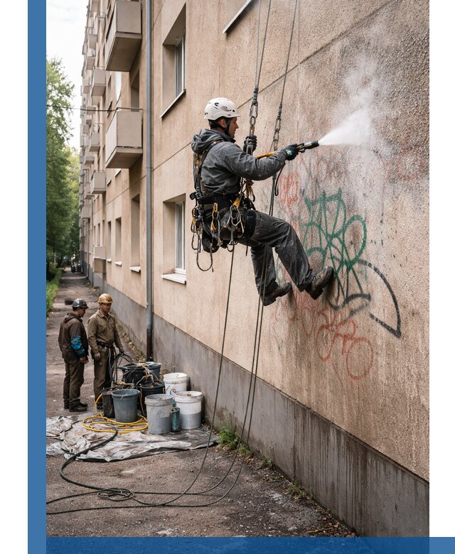 Удаление граффити с фасада в Октябрьском без следов и повреждений