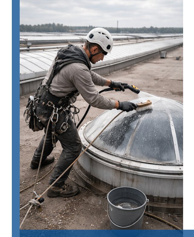 Мойка зенитных фонарей на кровле для промышленных объектов в Октябрьском