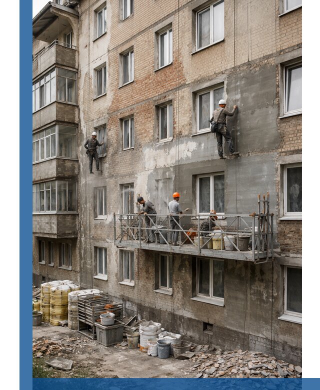 Капитальный ремонт фасада в Октябрьском с восстановлением и гидроизоляцией