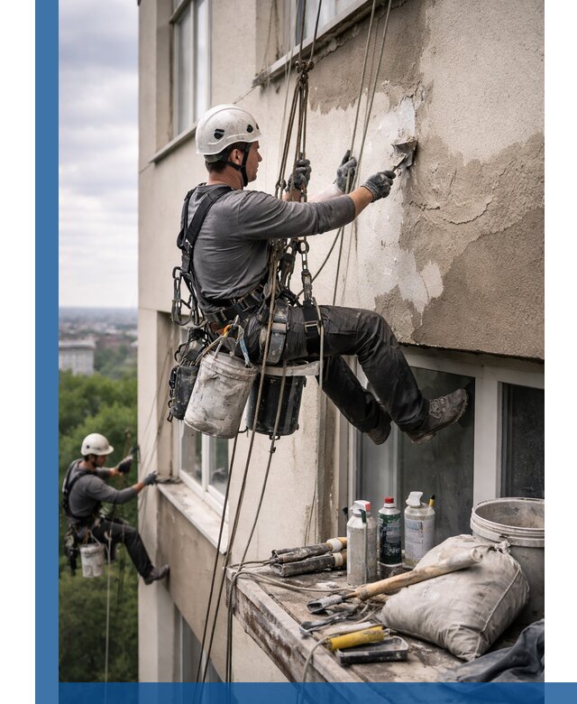 Косметический ремонт фасада зданий в Октябрьском промышленными альпинистами