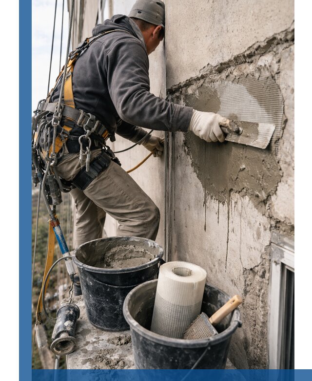 Ремонт бетонных элементов фасада промышленными альпинистами в Октябрьском