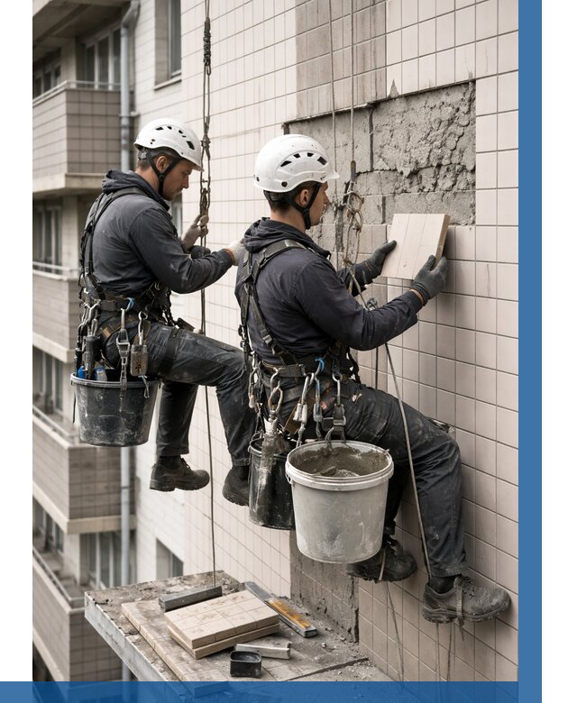 Ремонт облицовки фасада плиткой в Октябрьском от 1864 р. | ВЫСОТНИК-Ктб