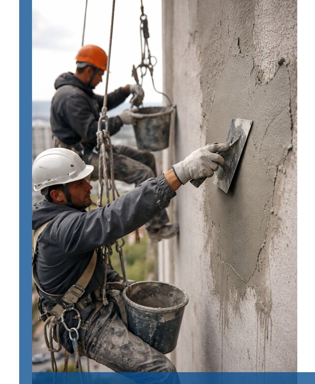 Штукатурка фасада на высоте в Октябрьском профессиональные работы