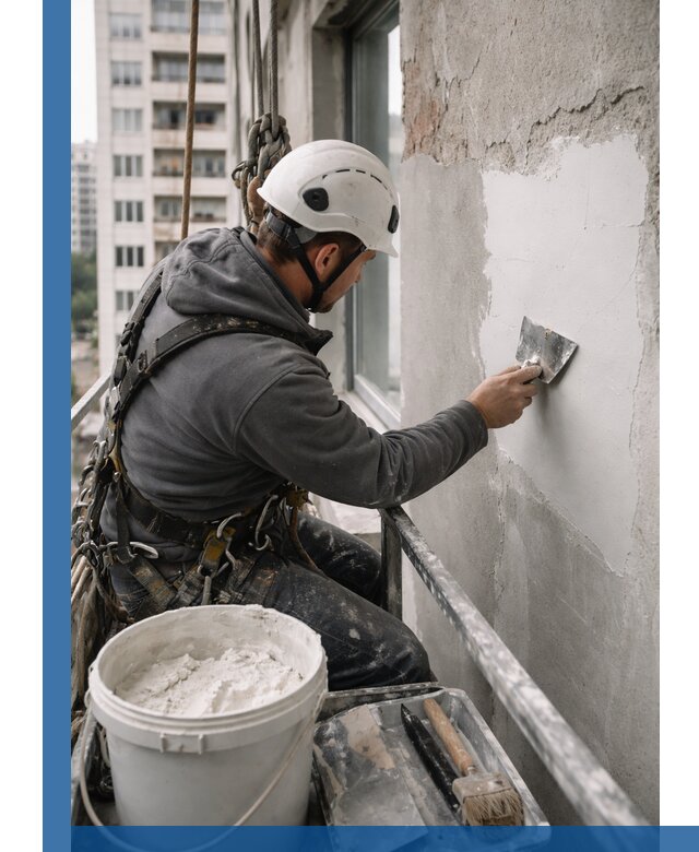 Шпаклевка фасадов на высоте с промальпинистами в Октябрьском