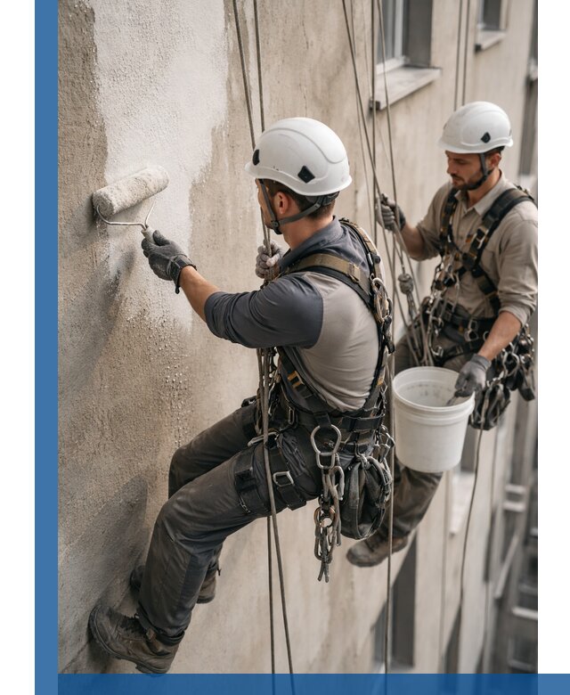 Грунтовка фасада на высоте в Октябрьском промышленными альпинистами