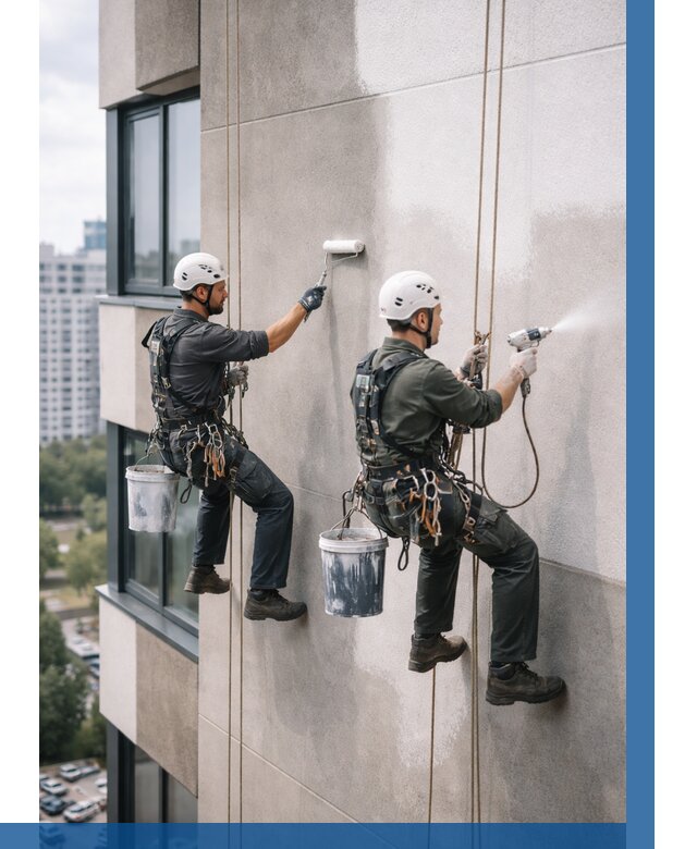 Покраска фасада альпинистами в Октябрьском от 311 р. | ВЫСОТНИК-Ктб