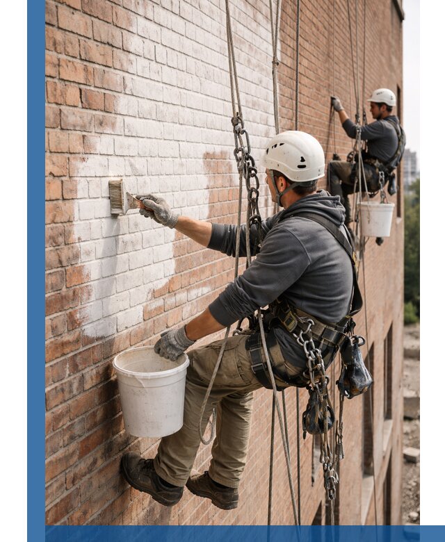 Покраска кирпичного фасада с доступным альпинистским сервисом в Октябрьском