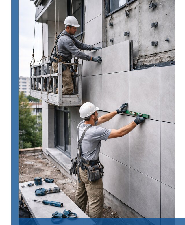 Монтаж керамогранита на фасад в Октябрьском под ключ с гарантией качества