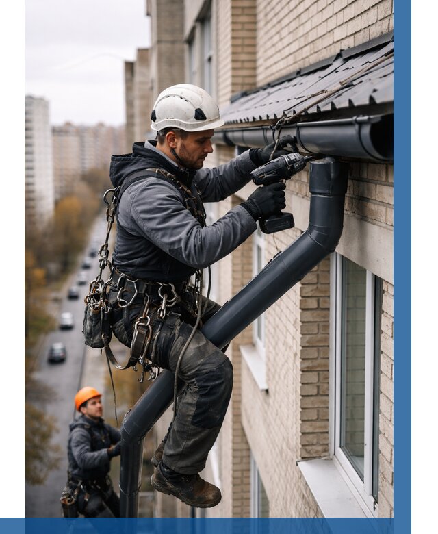 Монтаж водосточной системы на здании в Октябрьском от 5179 р. | ВЫСОТНИК-Ктб