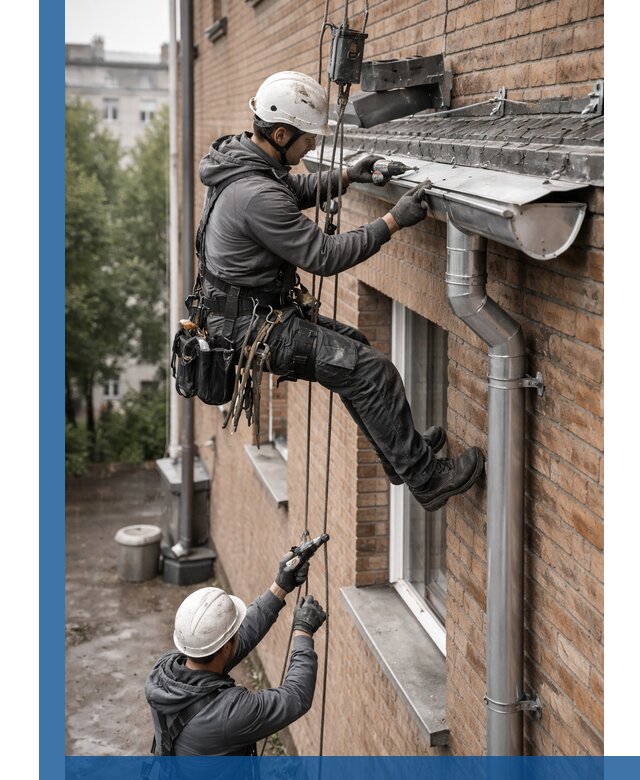 Монтаж водосточной системы на здании в Октябрьском под ключ