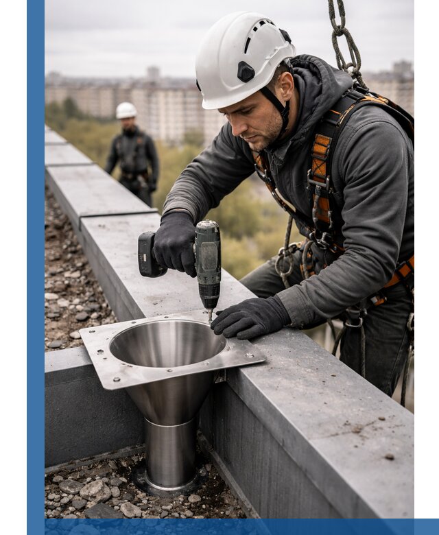 Монтаж водосточных воронок в Октябрьском для промышленных зданий