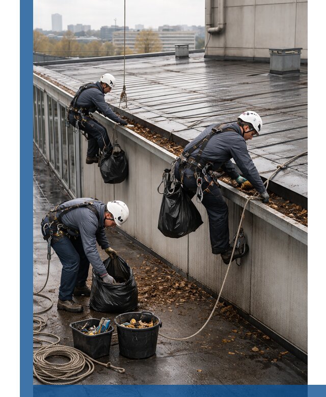Очистка кровли по периметру в Октябрьском силами промышленных альпинистов