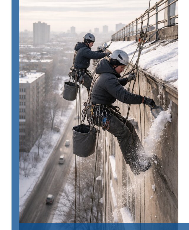 Очистка карнизов от снега в Октябрьском профессионально и безопасно