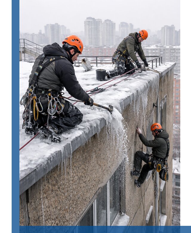 Удаление наледи с кровли в Октябрьском промышленными альпинистами