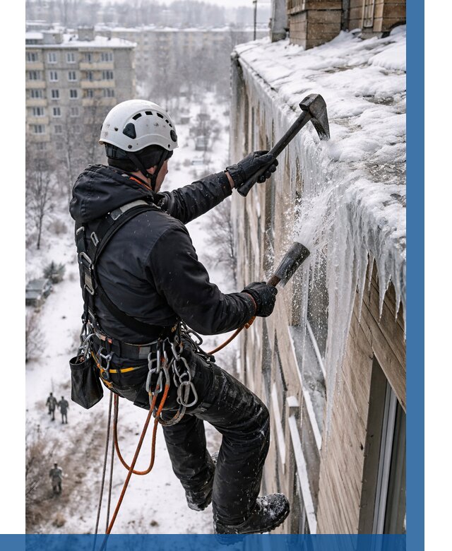 Сбивание сосулек с крыши в Октябрьском по цене от 4661 р. | ВЫСОТНИК-Ктб