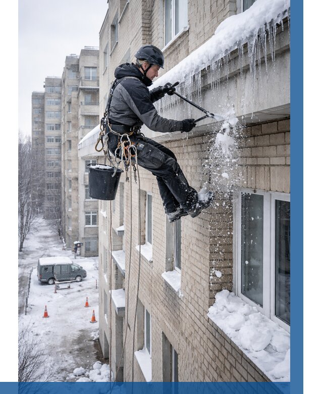 Удаление наледи с карнизов в Октябрьском от 362 р. | ВЫСОТНИК-Ктб