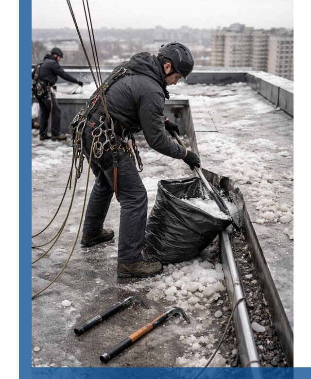 Аварийная очистка кровли в Октябрьском от промальпинистов