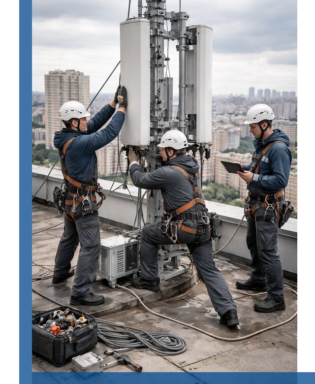 Монтаж антенн связи на крыше в Октябрьском с вводом в эксплуатацию