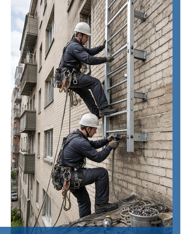 Монтаж пожарной лестницы в Октябрьском от 25893 р заказать у ВЫСОТНИК-Ктб