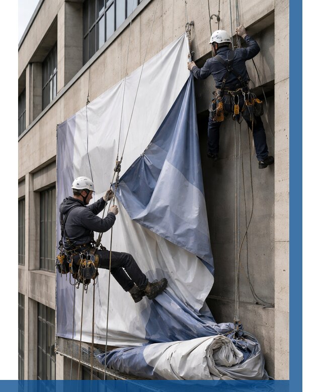 Демонтаж баннеров с фасада в Октябрьском от 4661 р. | ВЫСОТНИК-Ктб