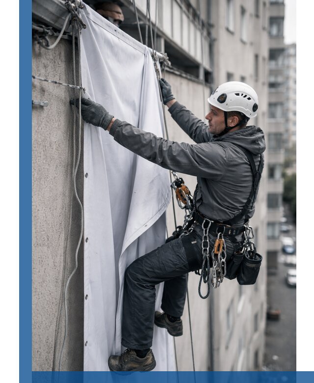Замена баннерного полотна промышленными альпинистами в Октябрьском
