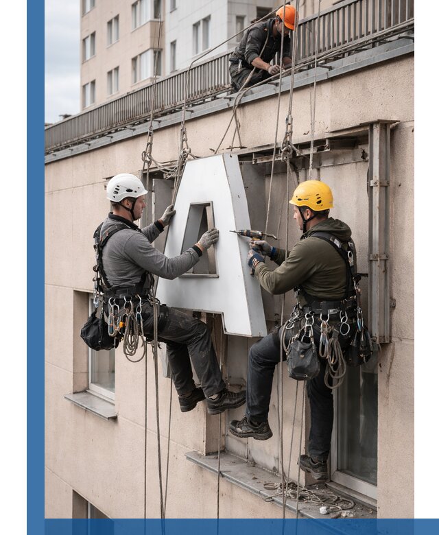 Ремонт и восстановление наружных вывесок на высоте в Октябрьском