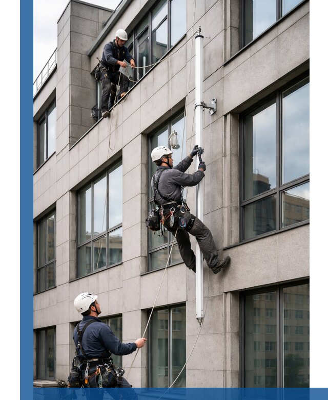 Монтаж флагштока на фасаде здания с креплением и герметикой в Октябрьском