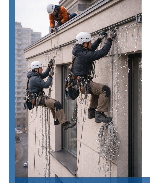 Монтаж праздничных гирлянд на фасаде в Октябрьском для зданий