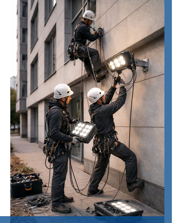 Монтаж прожекторов на фасаде в Октябрьском от 7768 р. | ВЫСОТНИК-Ктб