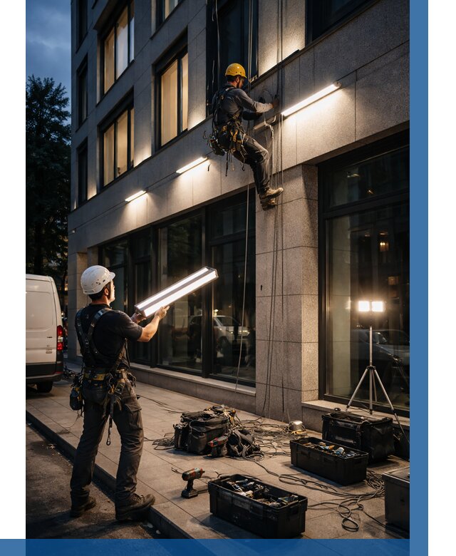 Монтаж архитектурной подсветки здания в Октябрьском от 2589 р.|ВЫСОТНИК-Ктб