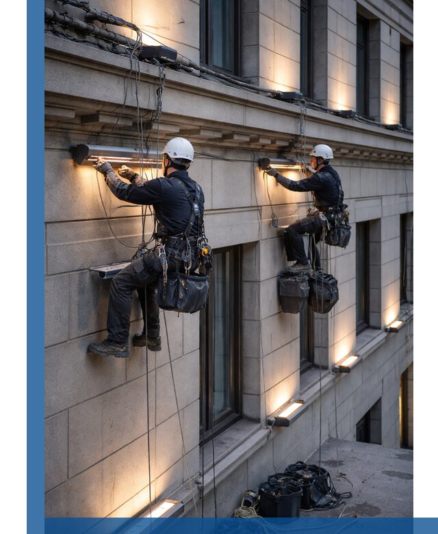 Монтаж архитектурной подсветки фасадов зданий в Октябрьском