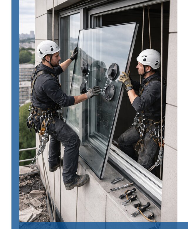 Замена стеклопакетов на высоте с промышленными альпинистами в Октябрьском