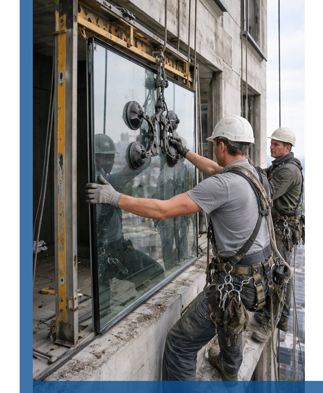 Монтаж стеклопакетов на высоте в Октябрьском с промышленным альпинизмом