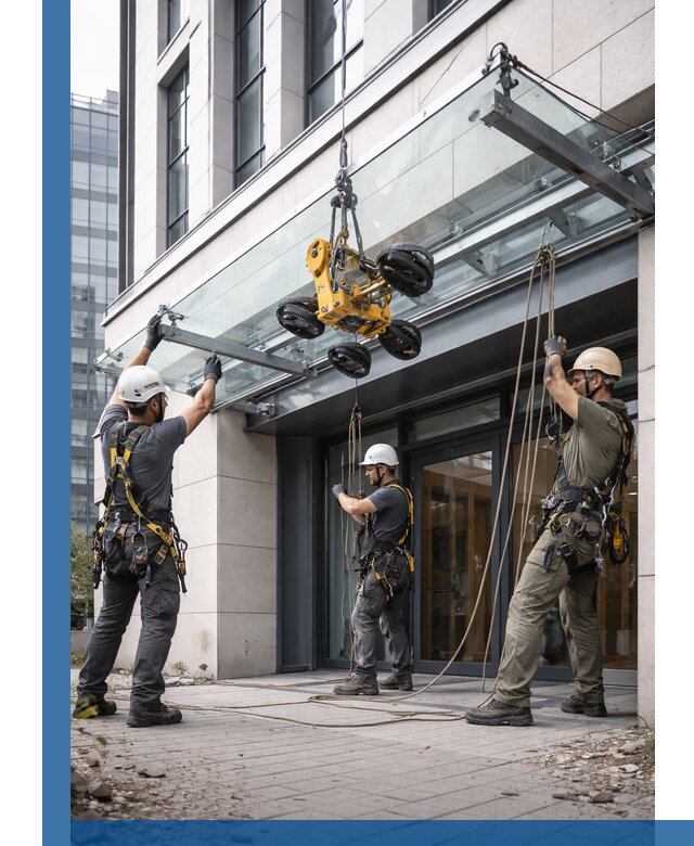 Монтаж стеклянных козырьков под ключ в Октябрьском для зданий