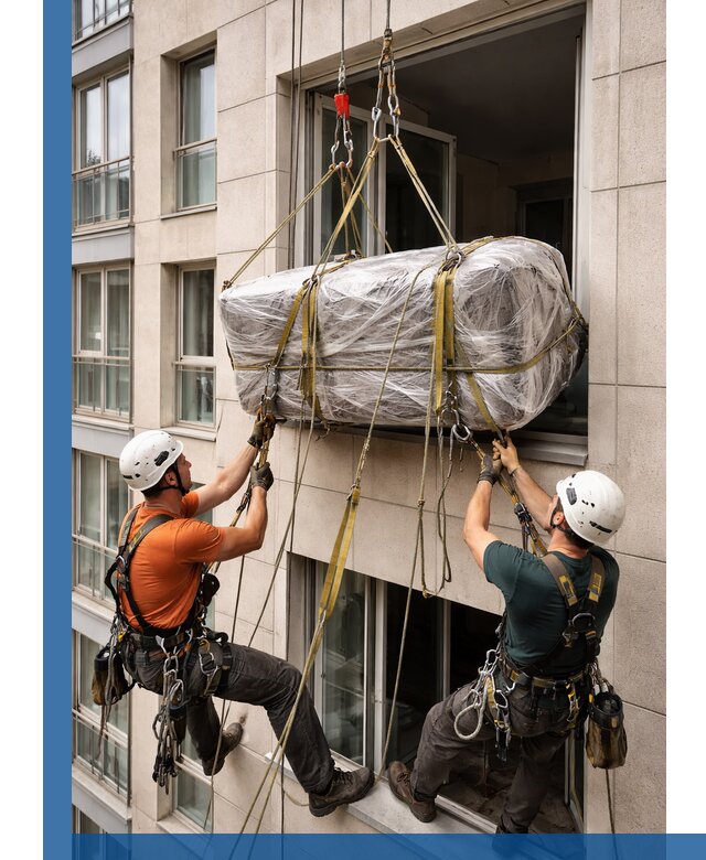 Подъем грузов через окно в Октябрьском промышленными альпинистами