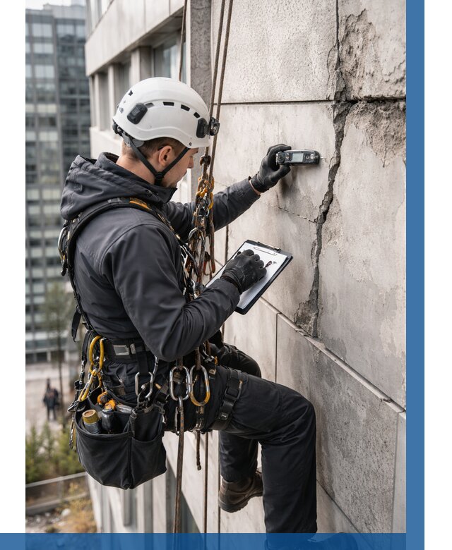 Обследование фасада альпинистами в Октябрьском от 124 р. | ВЫСОТНИК-Ктб