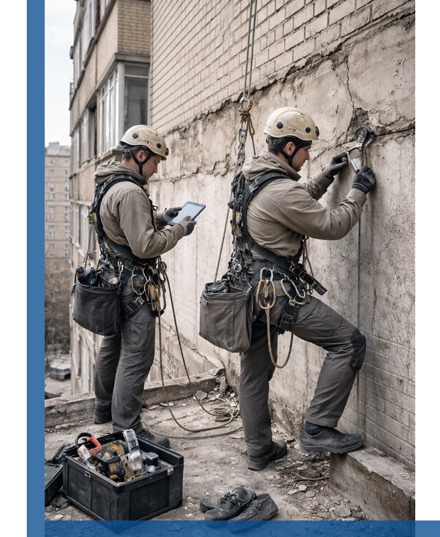 Обследование фасада промышленными альпинистами в Октябрьском