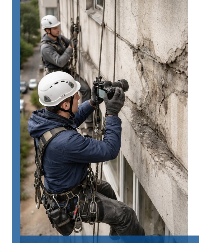 Фотофиксация дефектов фасада с высотной съемкой в Октябрьском